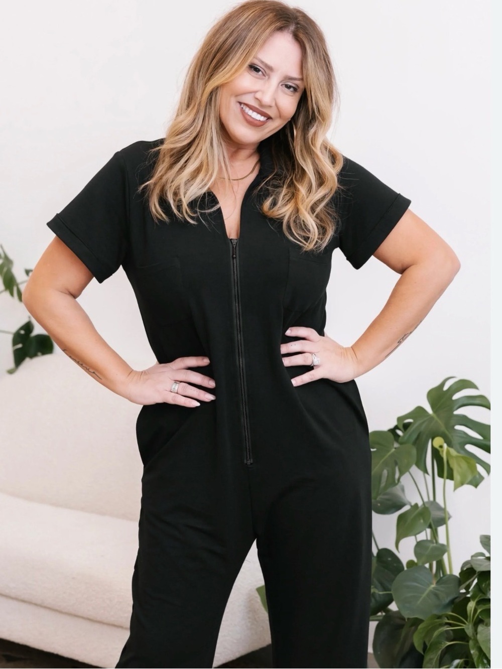Smash + Tess Black Short-Sleeve Zip Jumpsuit, S